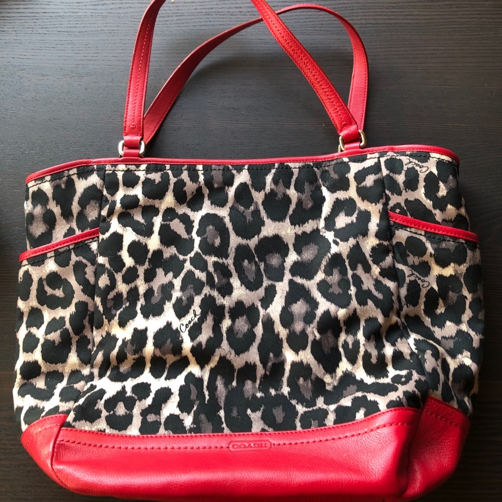 Leopard Coach canvas handbag with red leather trim
